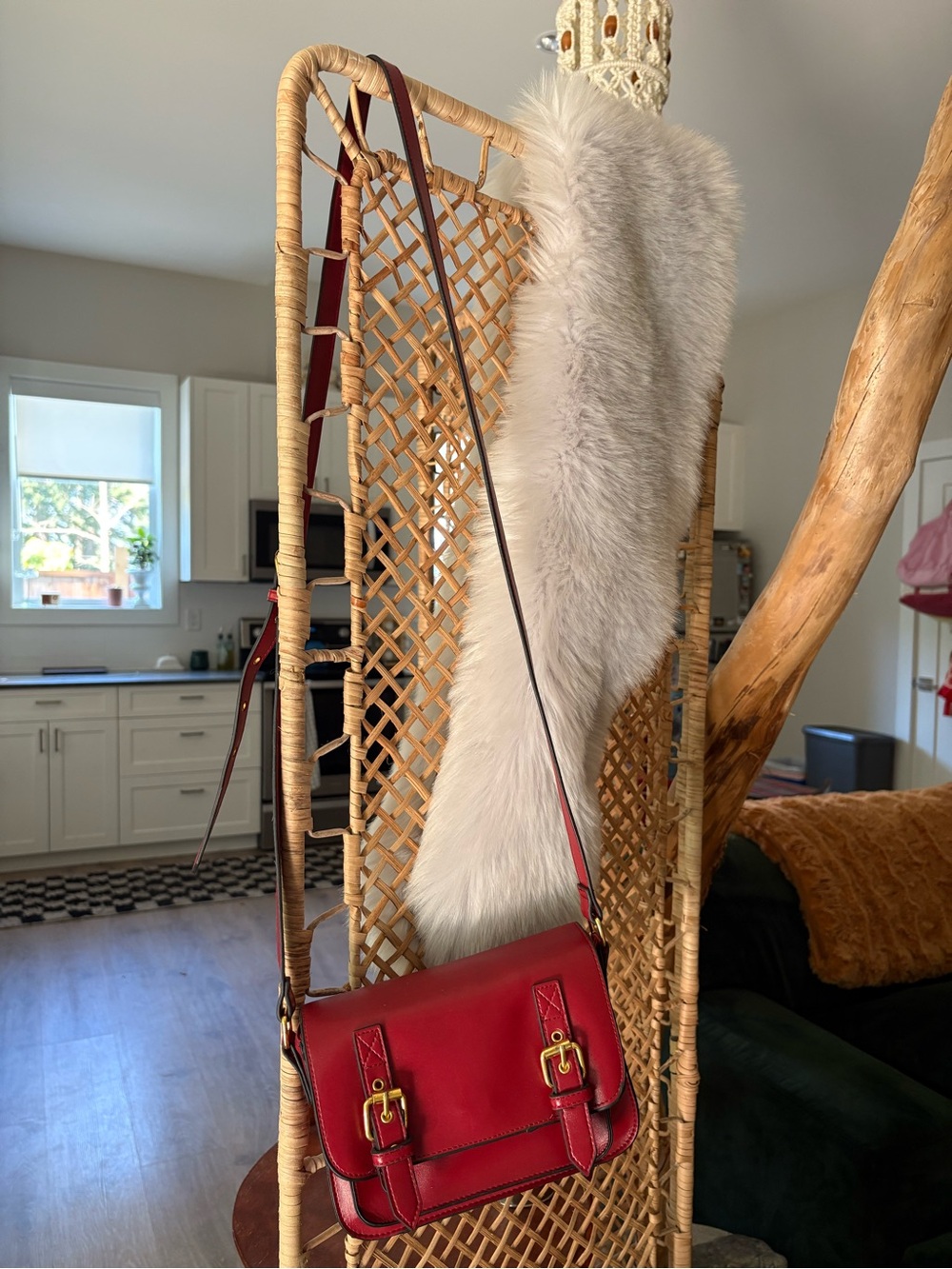 Women's Red Leather Crossbody Bag with Buckle Detail